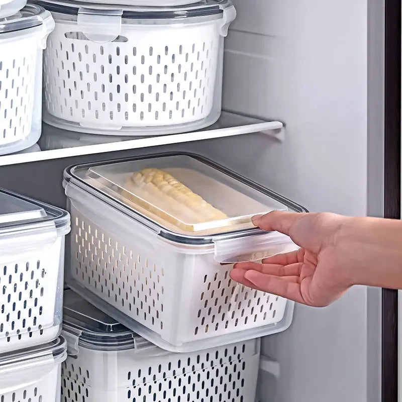 Organização e Frescor: Conjunto de 3 Peças de Caixa de Armazenamento para Refrigerador com Drenagem e Selagem