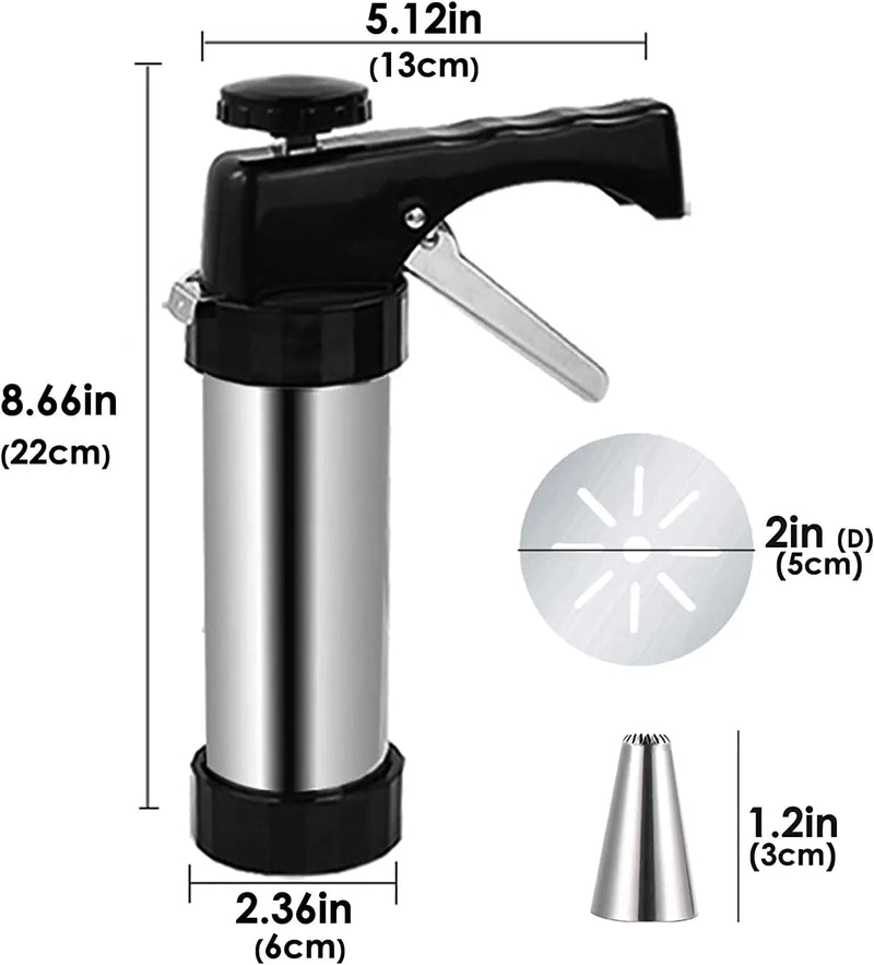 Domine a Confeitaria: Pistola de Confeitaria com 21 Peças em Aço Inoxidável Para Decorar Biscoitos e Bolos.