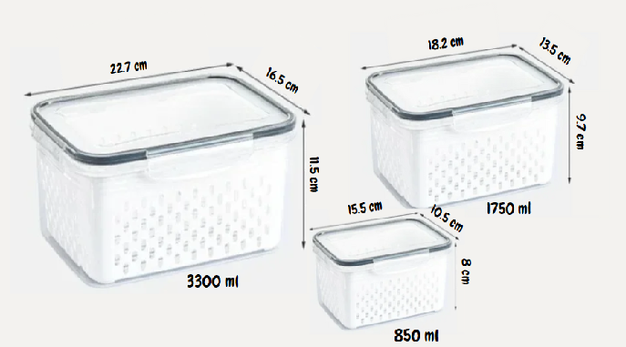 Organização e Frescor: Conjunto de 3 Peças de Caixa de Armazenamento para Refrigerador com Drenagem e Selagem